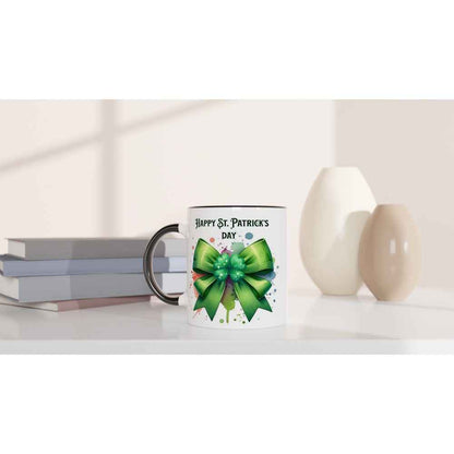 Happy St Patrick's Day Mug - Shamrock and Bow Design - Ceramic 250ml Coffee - Tea Cup - Dishwasher & Microwave Safe
