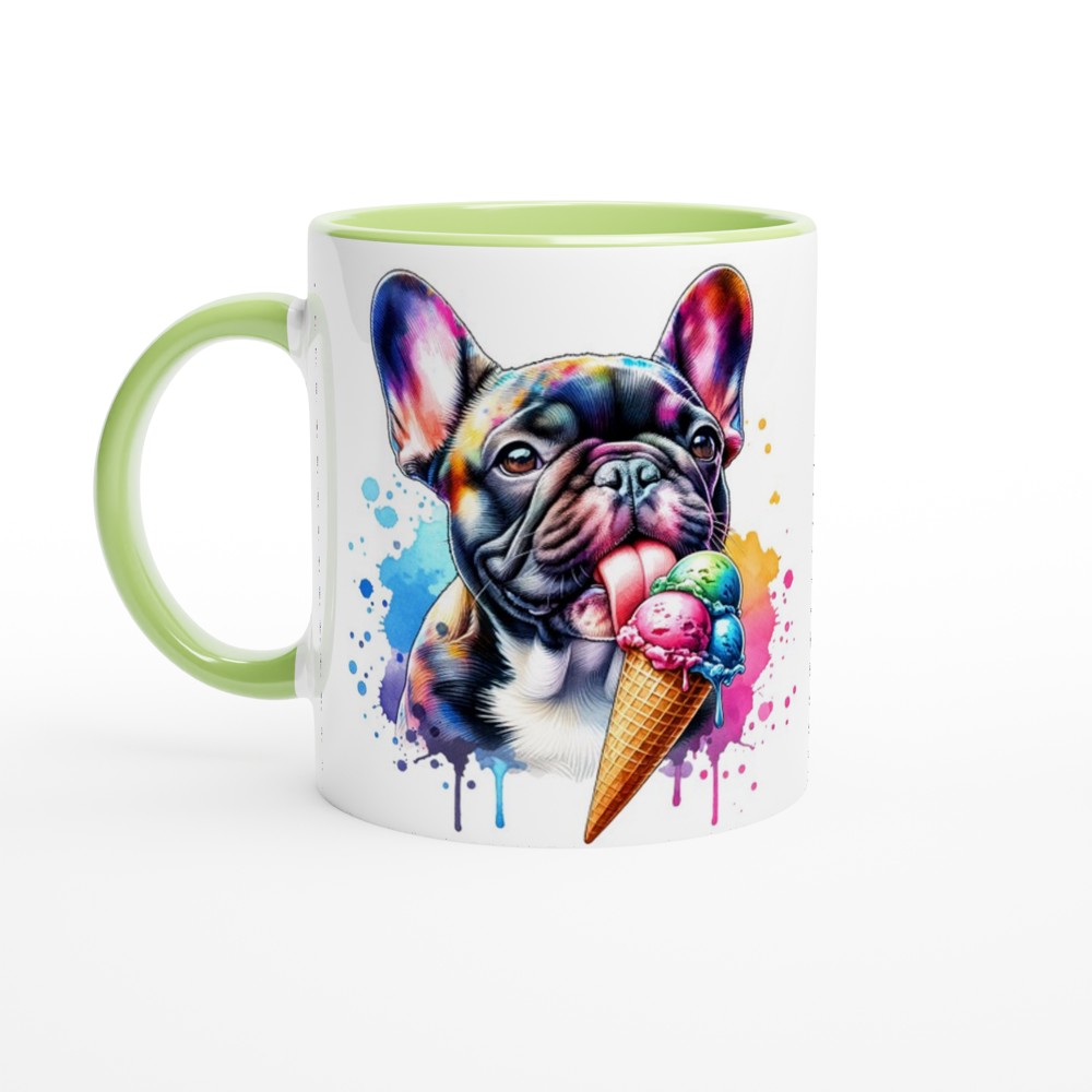 Cute Frenchie licking ice cream White 250ml Ceramic Mug with Colour Inside - Ceramic Green - Print Material