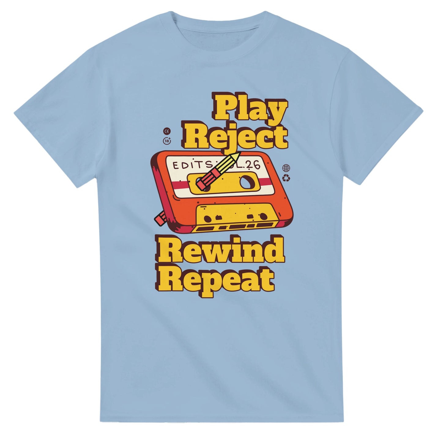 Retro Music Lovers T-Shirt - Play Reject Rewind Repeat - Vintage Audio Tee Funny cotton - Light Blue / S - Print