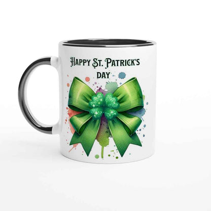 Happy St Patrick's Day Mug - Shamrock and Bow Design - Ceramic 250ml Coffee - Tea Cup - Dishwasher & Microwave Safe