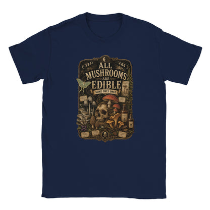 Dark academia mushroom lover T-shirt with vintage natural history style. Dark bluegraphic