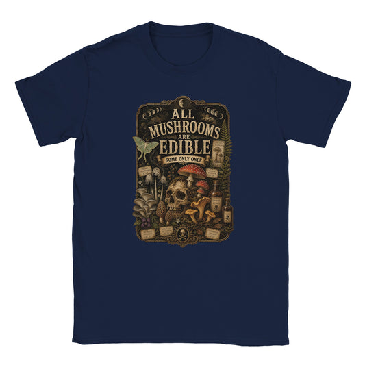 Dark academia mushroom lover T-shirt with vintage natural history style. Dark bluegraphic