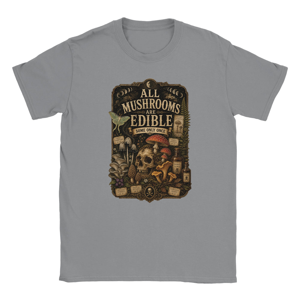 Dark academia mushroom lover T-shirt with vintage natural history style graphic. Light graphic