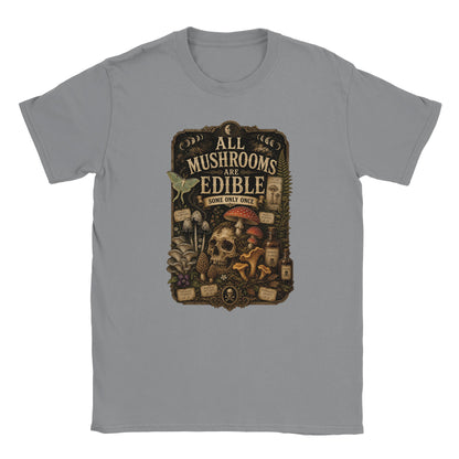 Dark academia mushroom lover T-shirt with vintage natural history style graphic. Light graphic