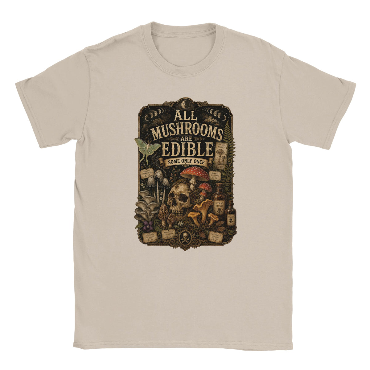 Dark academia mushroom lover T-shirt with vintage natural history style graphic. Sand