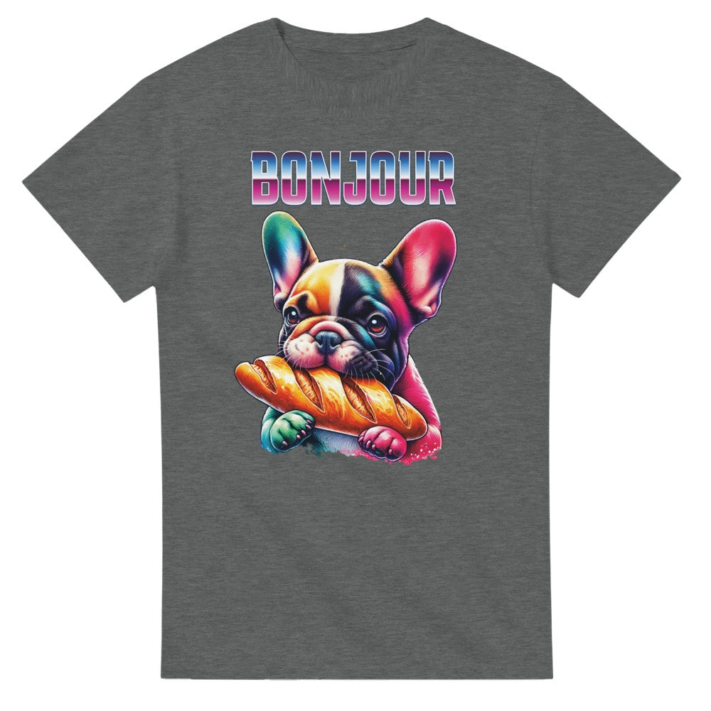 Cute t-shirt Frenchie bulldog eating baguette. Dog lover present. - Graphite Heather / M - T-shirt