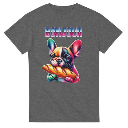 Cute t-shirt Frenchie bulldog eating baguette. Dog lover present.