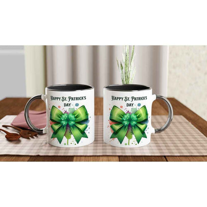 Happy St Patrick's Day Mug - Shamrock and Bow Design - Ceramic 250ml Coffee - Tea Cup - Dishwasher & Microwave Safe