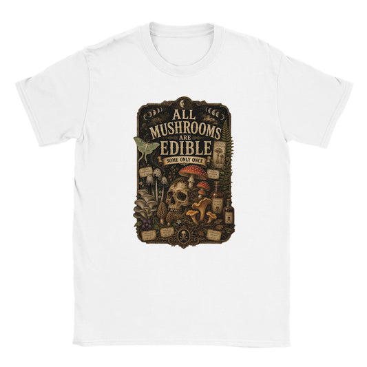 Dark academia mushroom lover T-shirt with vintage natural history style graphic. White t-shirt