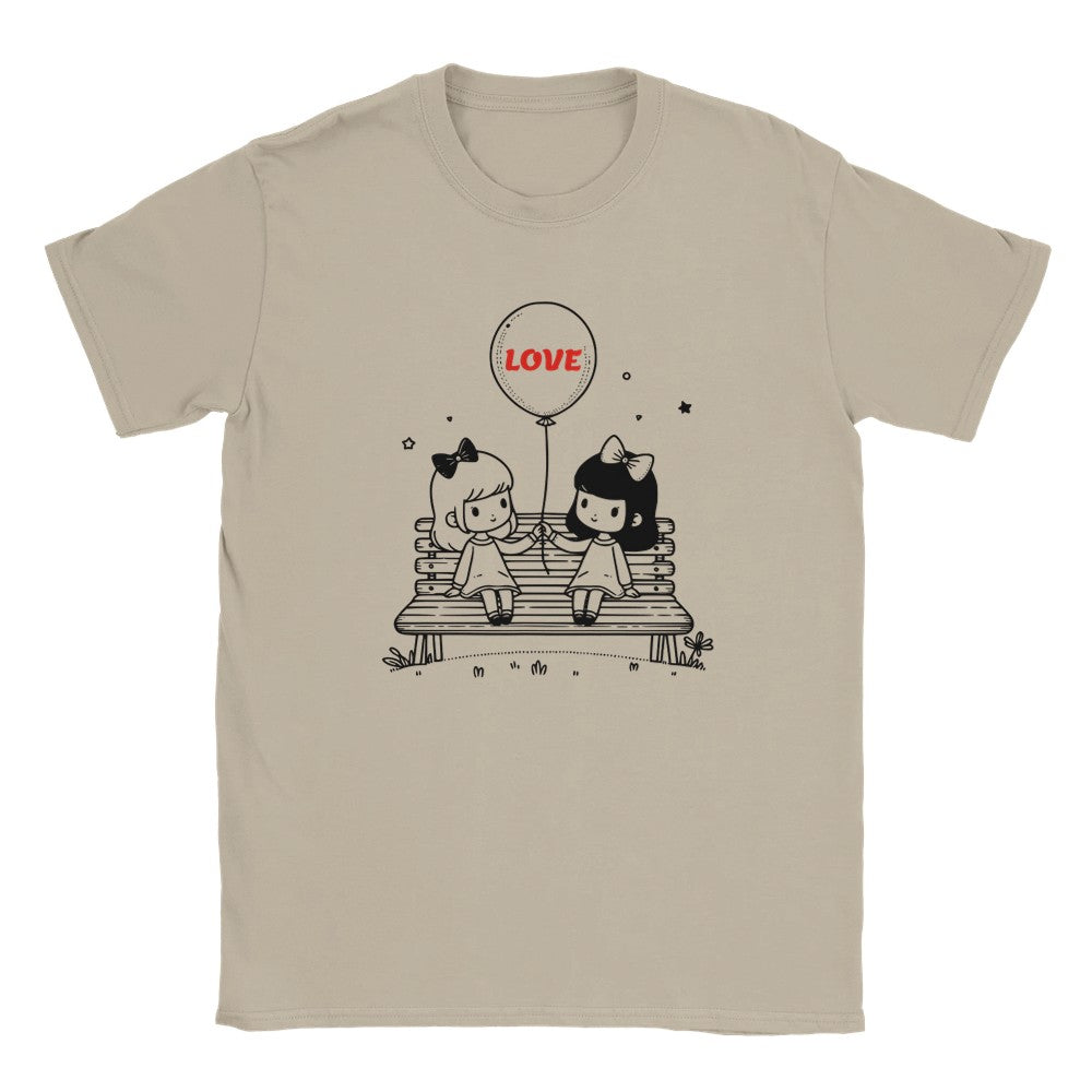 Heartfelt Friendship T-Shirt - Girls on Bench Balloon - Perfect Valentine Gift - Sand / S - T-shirt