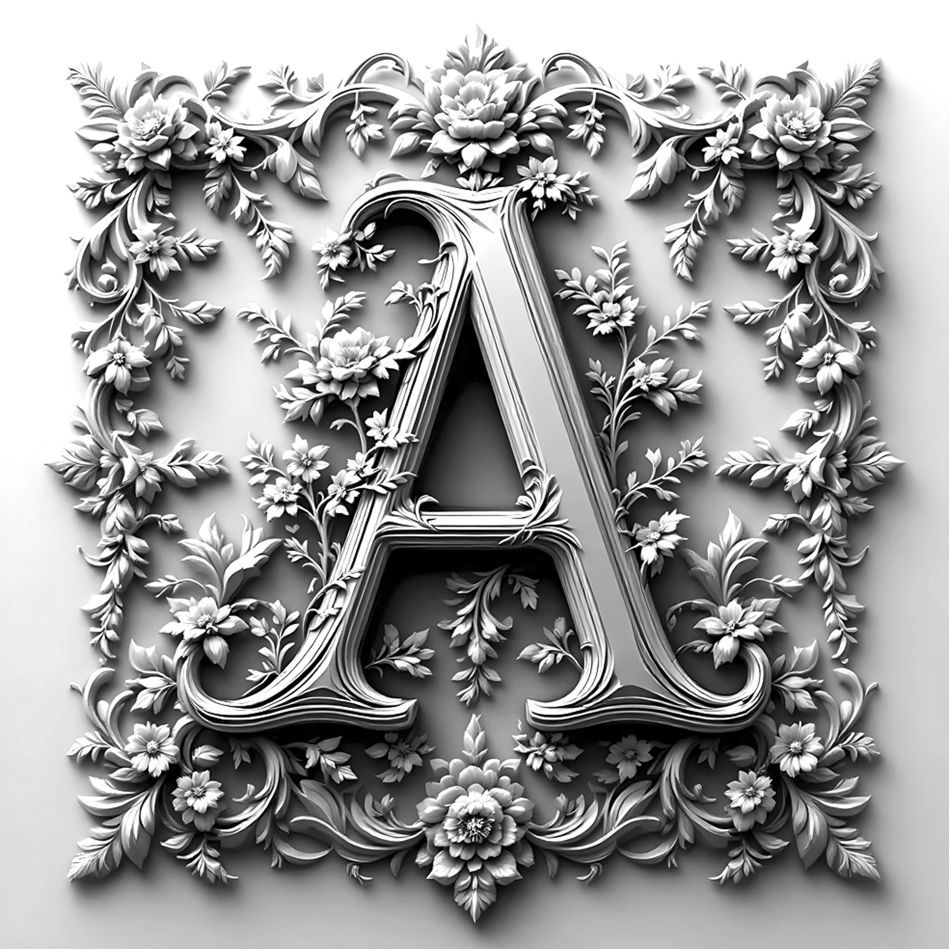 Black & White Floral Alphabet & Numbers – Elegant Decorative Design Set - A - Tiles