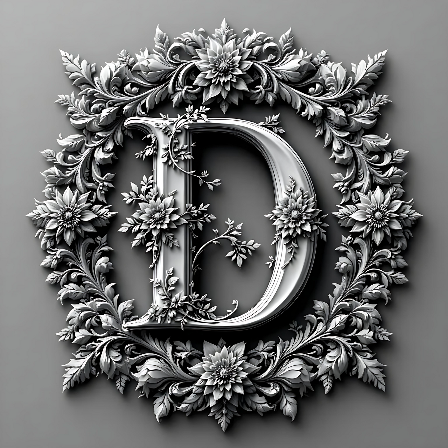 Black & White Floral Alphabet & Numbers – Elegant Decorative Design Set - D - Tiles