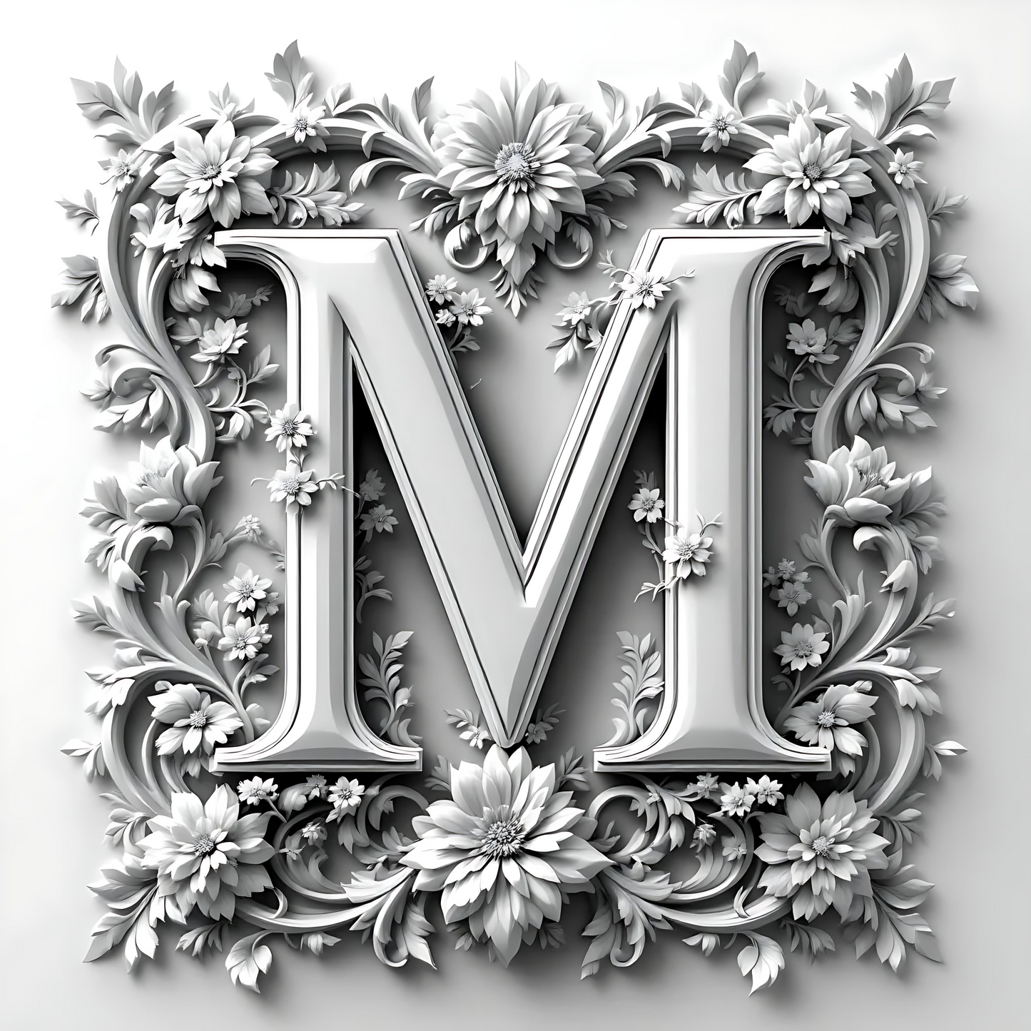 Black & White Floral Alphabet & Numbers – Elegant Decorative Design Set - M - Tiles