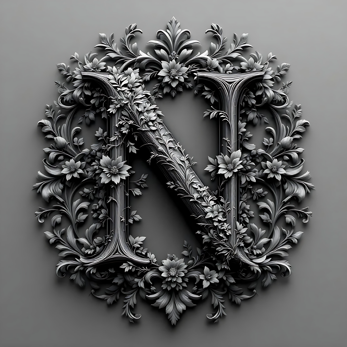 Black & White Floral Alphabet & Numbers – Elegant Decorative Design Set - N - Tiles