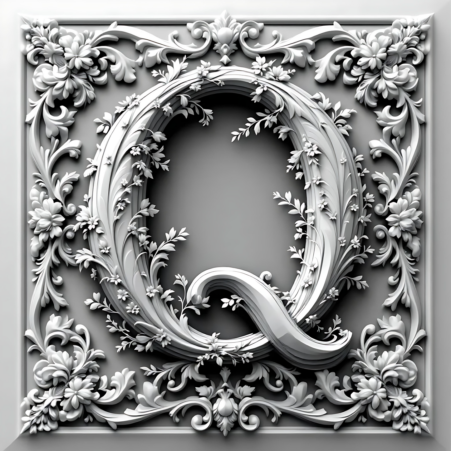 Black & White Floral Alphabet & Numbers – Elegant Decorative Design Set - Q - Tiles