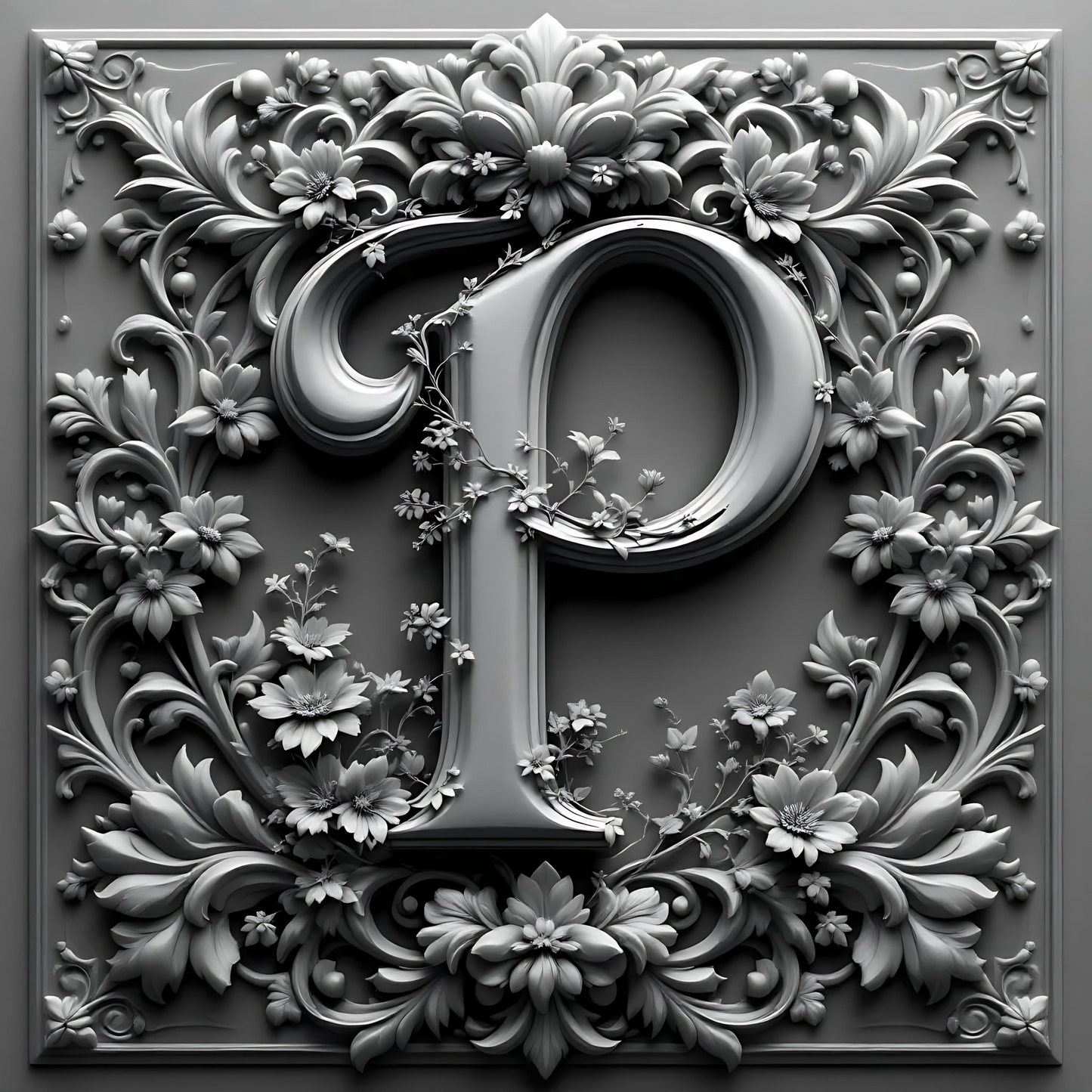 Black & White Floral Alphabet & Numbers – Elegant Decorative Design Set - P - Tiles