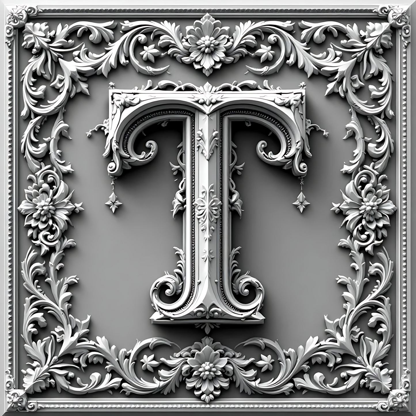 Black & White Floral Alphabet & Numbers – Elegant Decorative Design Set - T - Tiles