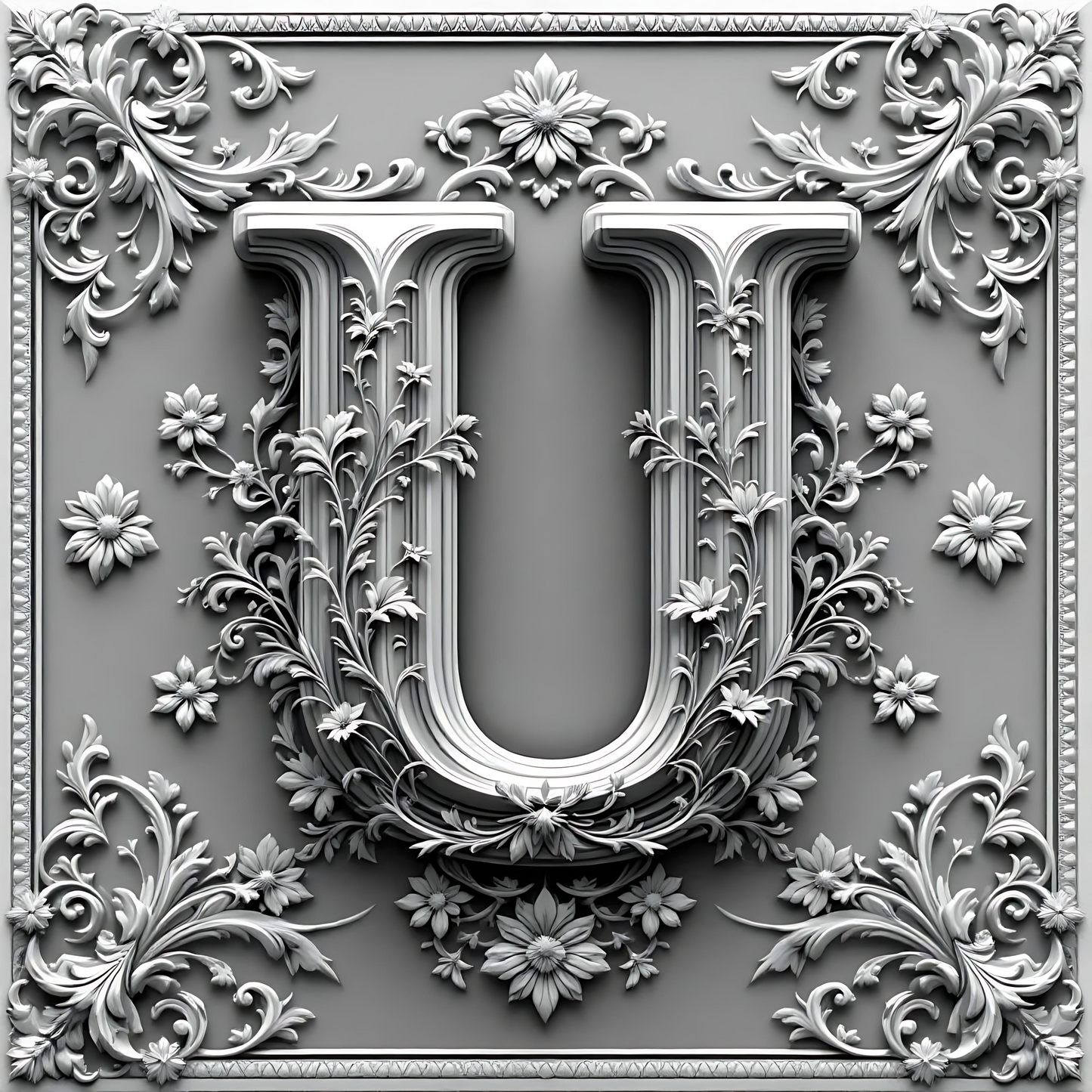 Black & White Floral Alphabet & Numbers – Elegant Decorative Design Set - U - Tiles