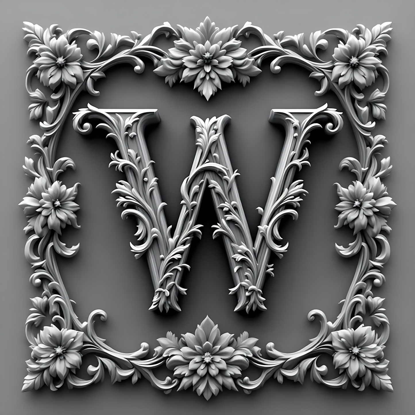 Black & White Floral Alphabet & Numbers – Elegant Decorative Design Set - W - Tiles