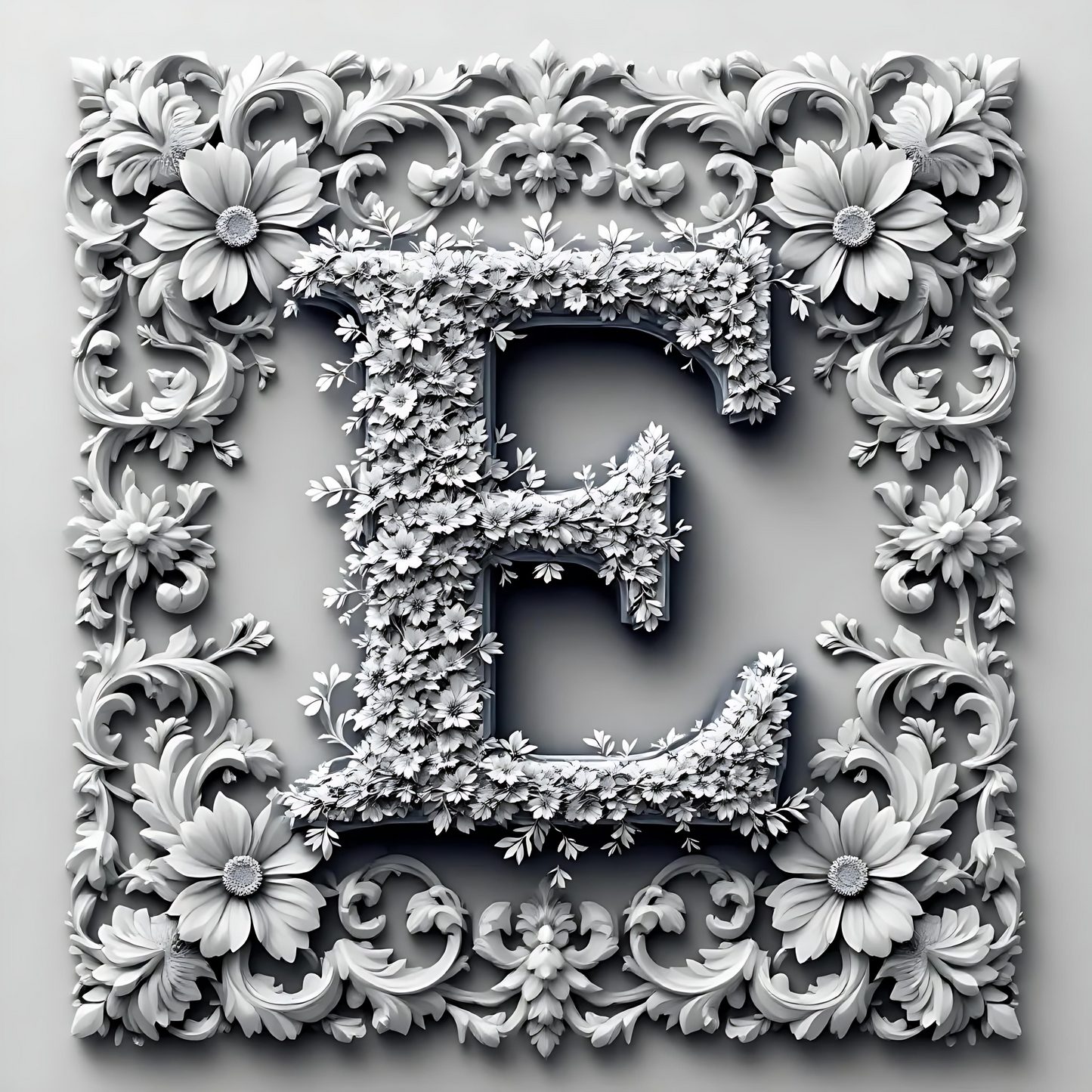 Black & White Floral Alphabet & Numbers – Elegant Decorative Design Set - E - Tiles