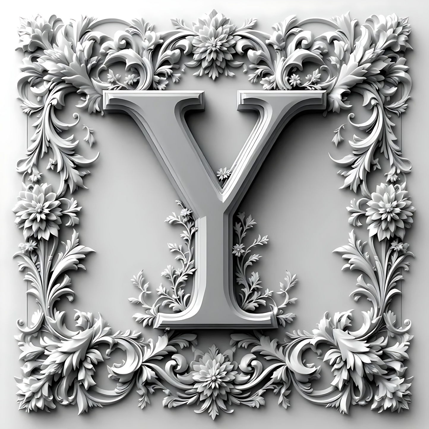 Black & White Floral Alphabet & Numbers – Elegant Decorative Design Set - Y - Tiles