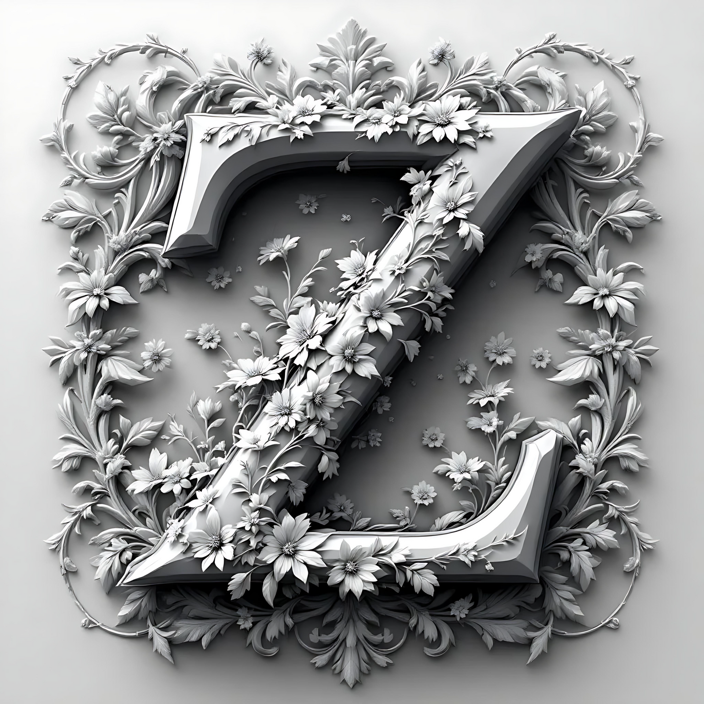 Black & White Floral Alphabet & Numbers – Elegant Decorative Design Set - Z - Tiles