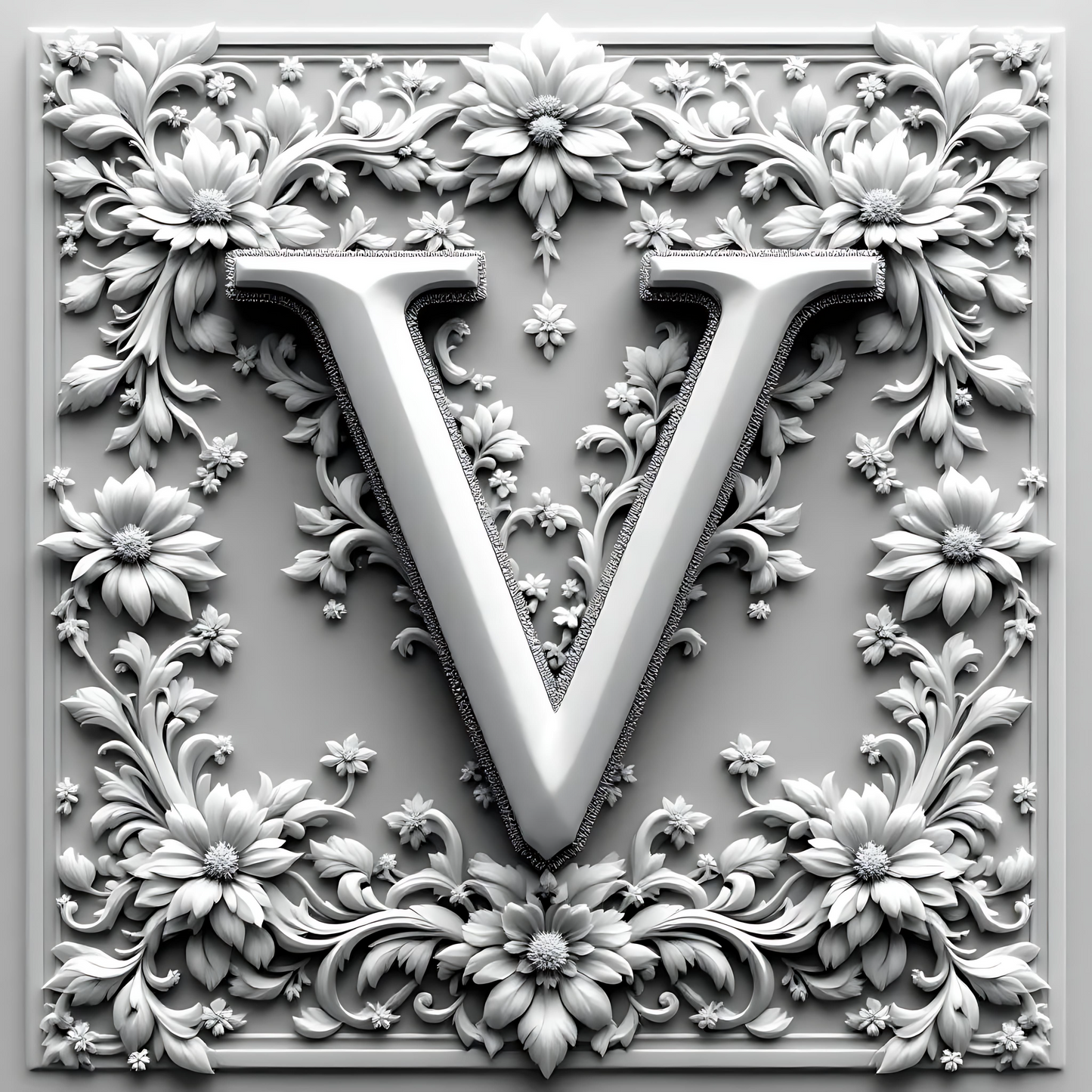 Black & White Floral Alphabet & Numbers – Elegant Decorative Design Set - V - Tiles