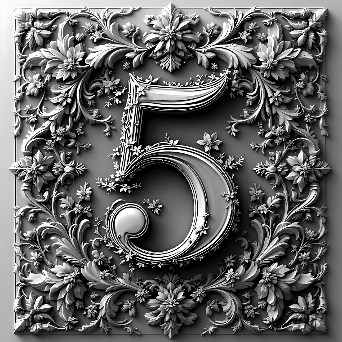 Black & White Floral Alphabet & Numbers – Elegant Decorative Design Set - 5 - Tiles