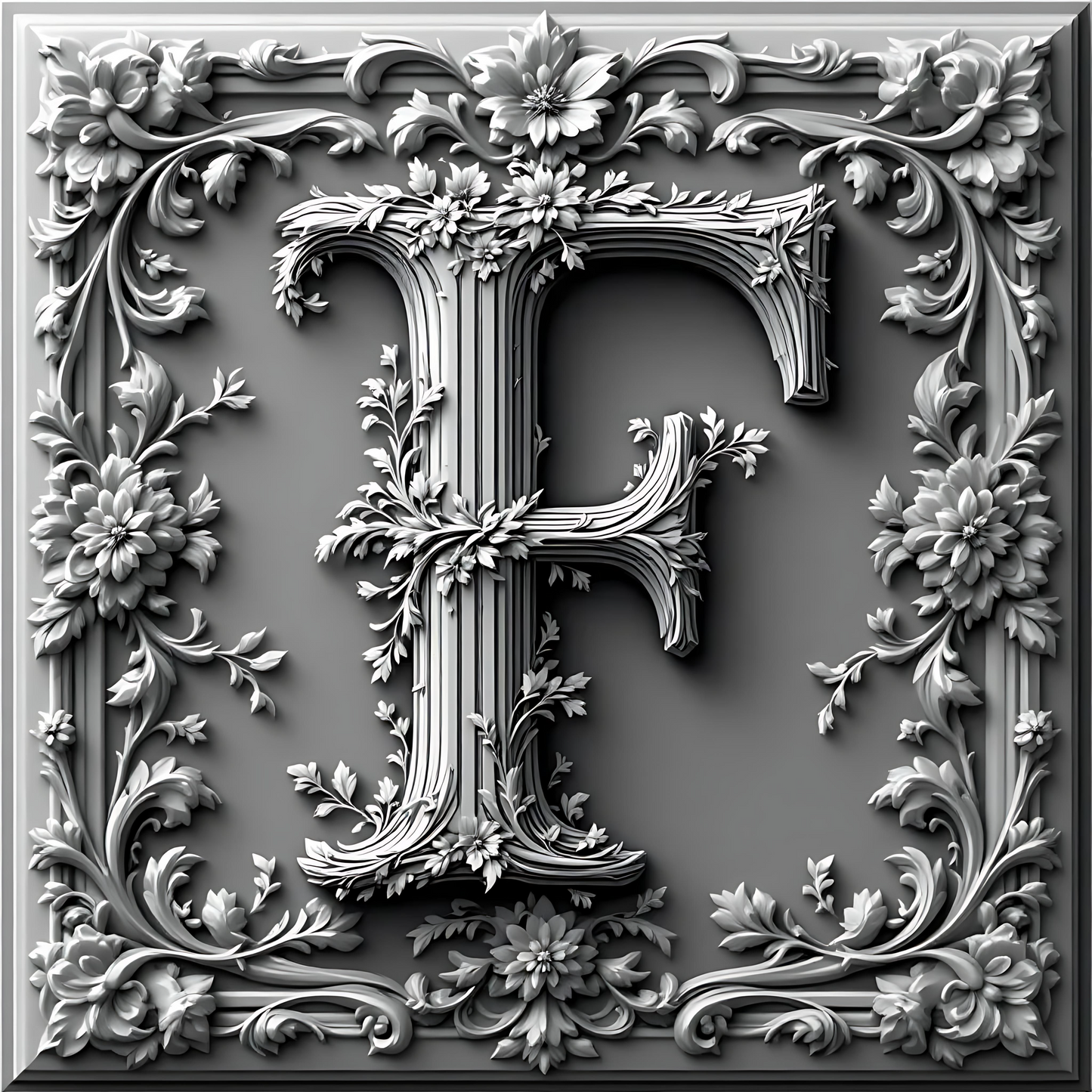 Black & White Floral Alphabet & Numbers – Elegant Decorative Design Set - F - Tiles