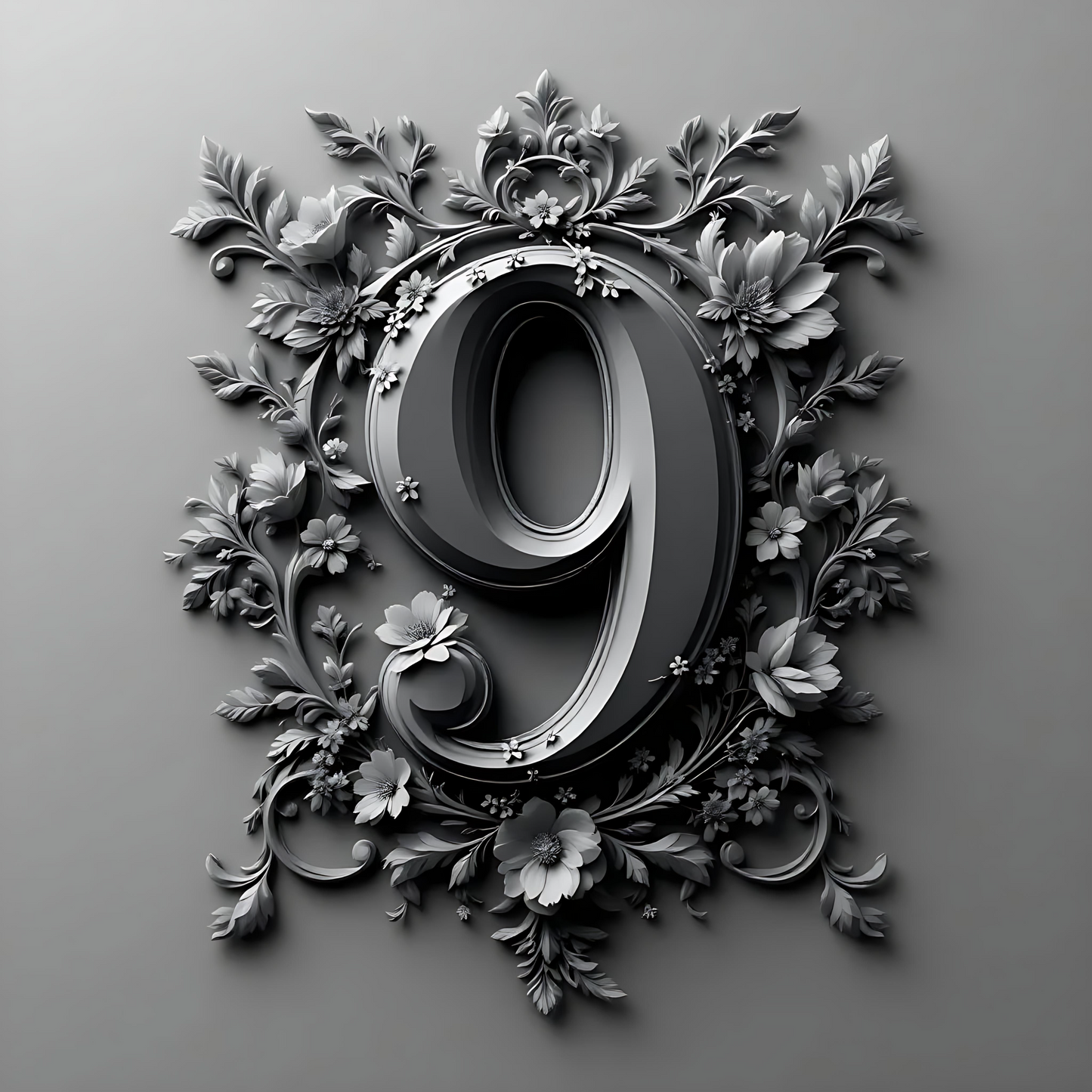 Black & White Floral Alphabet & Numbers – Elegant Decorative Design Set - 9 - Tiles