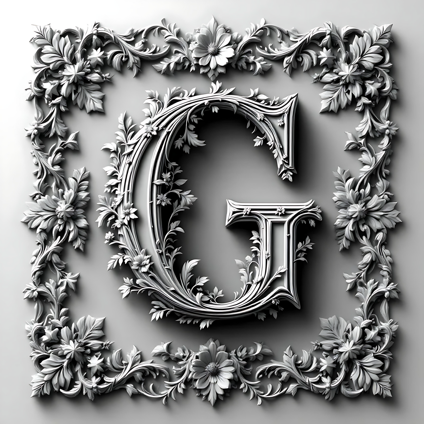 Black & White Floral Alphabet & Numbers – Elegant Decorative Design Set - G - Tiles