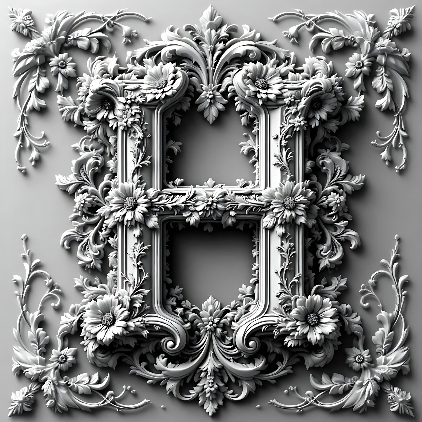 Black & White Floral Alphabet & Numbers – Elegant Decorative Design Set - H - Tiles