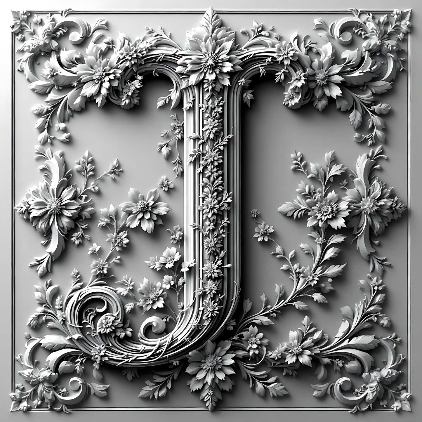 Black & White Floral Alphabet & Numbers – Elegant Decorative Design Set - J - Tiles