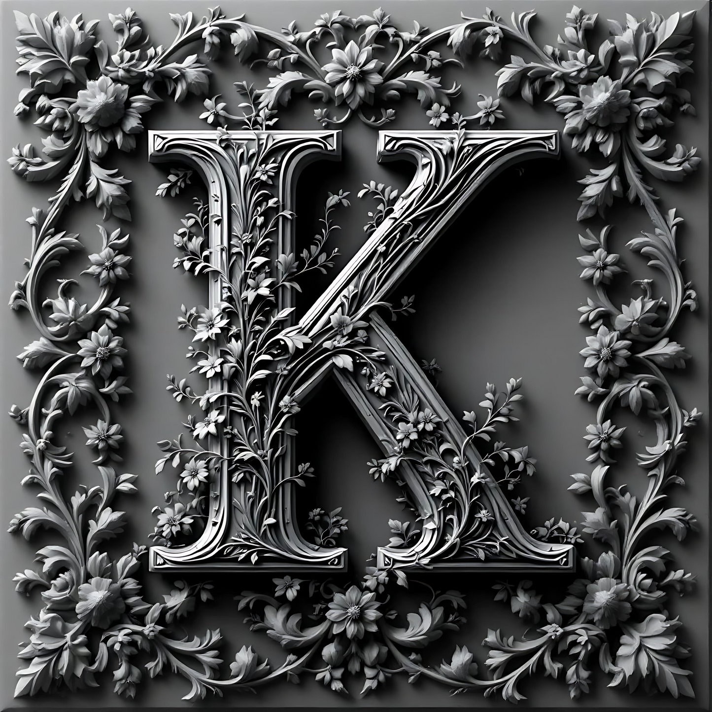 Black & White Floral Alphabet & Numbers – Elegant Decorative Design Set - K - Tiles