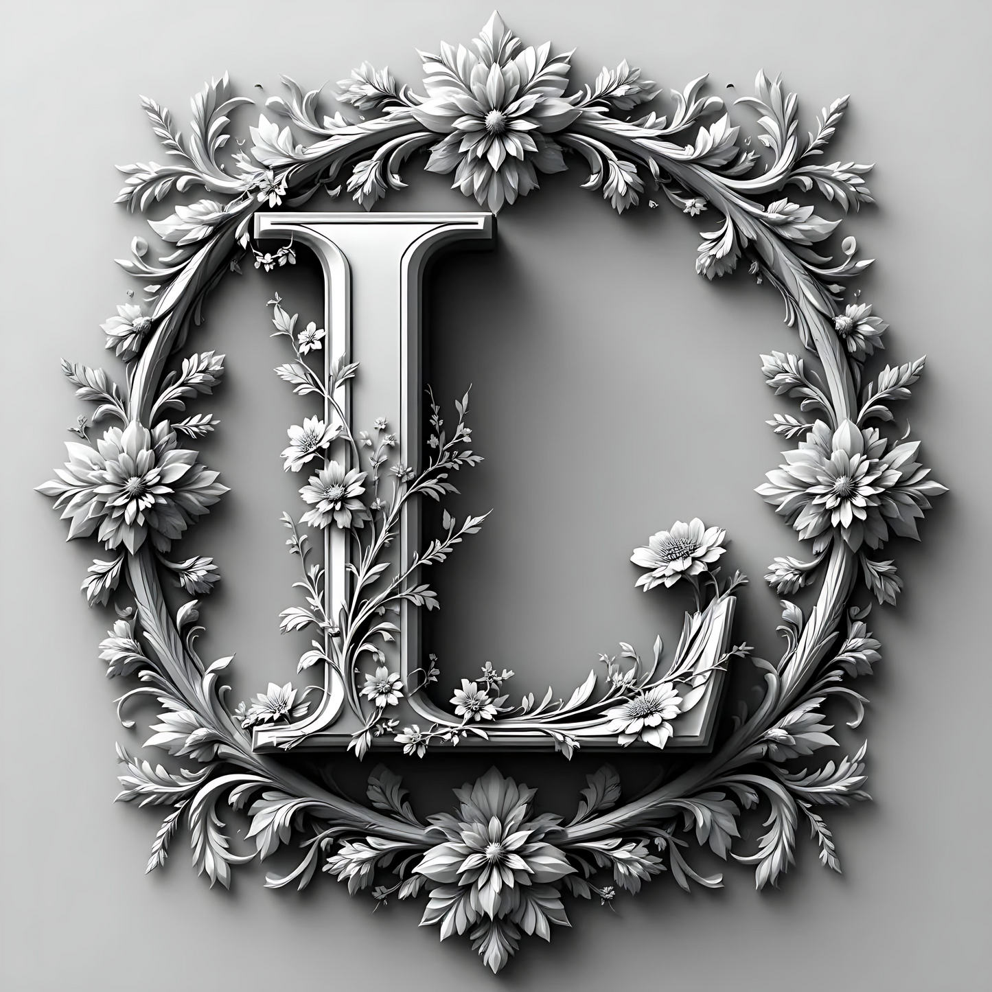 Black & White Floral Alphabet & Numbers – Elegant Decorative Design Set - L - Tiles