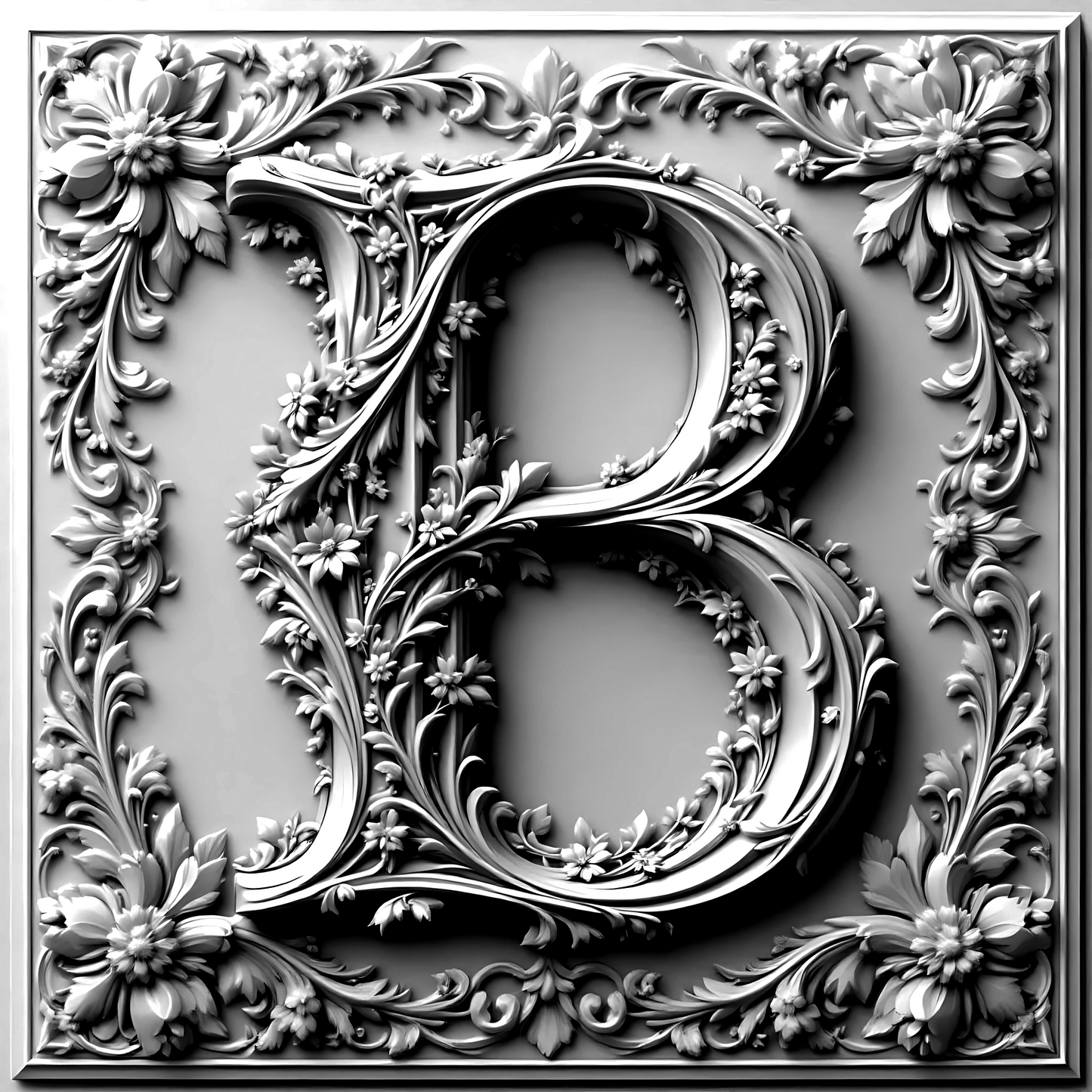 Black & White Floral Alphabet & Numbers – Elegant Decorative Design Set - B - Tiles