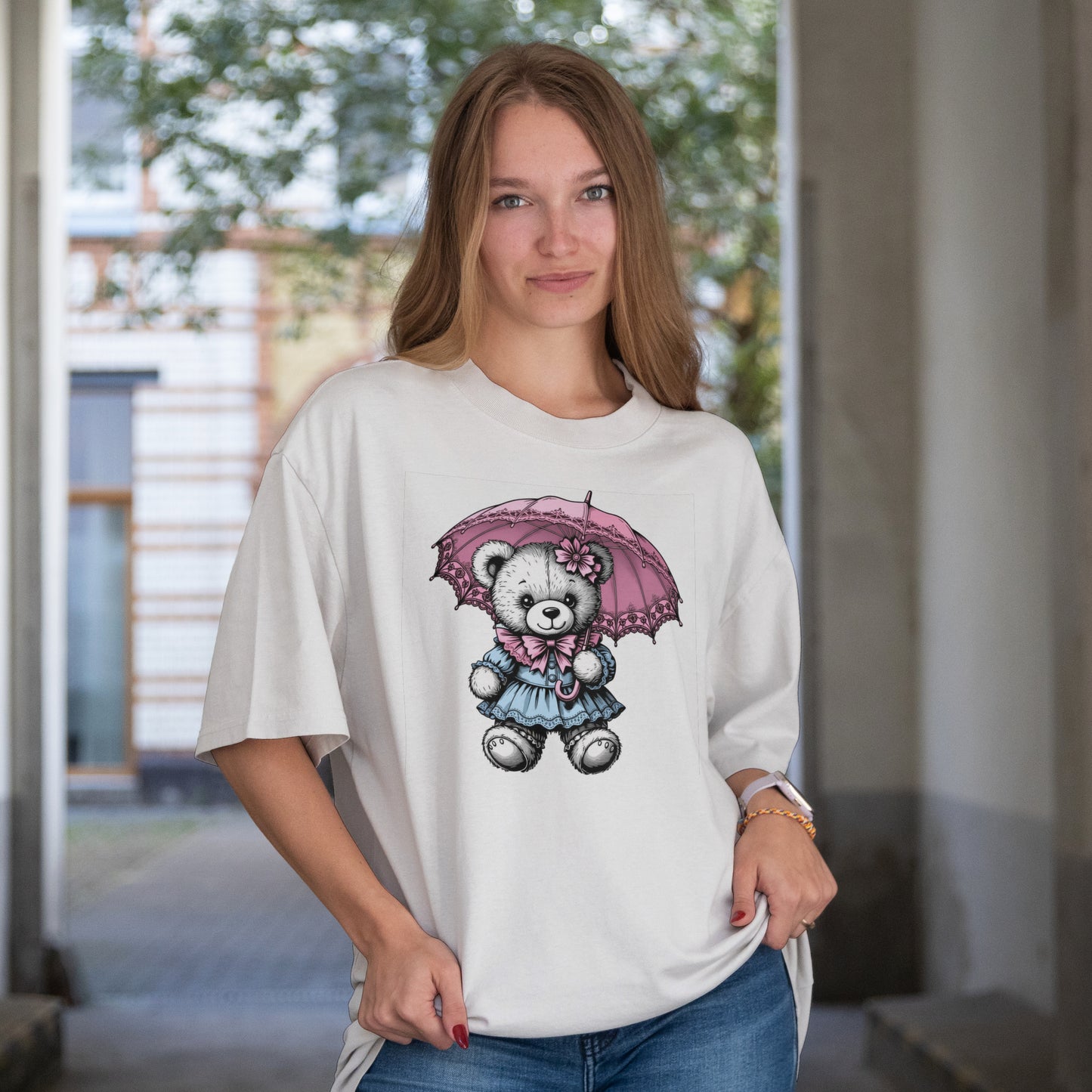 Gothic Teddy Bear with Umbrella – Cute Cartoon Design on T-Shirt Tote Bag. Ceramic Tile - T-shirt - T-shirt