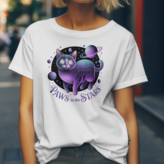 Paws in the Stars Unisex Cotton T-Shirt – Cosmic Cat Designs - Paws and stars 1 / S - T-shirt