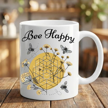 Bee Happy Ceramic Mug – Cheerful Bee Lover Gift | 250ml Glossy White Coffee & Tea Cup - J & I Vision