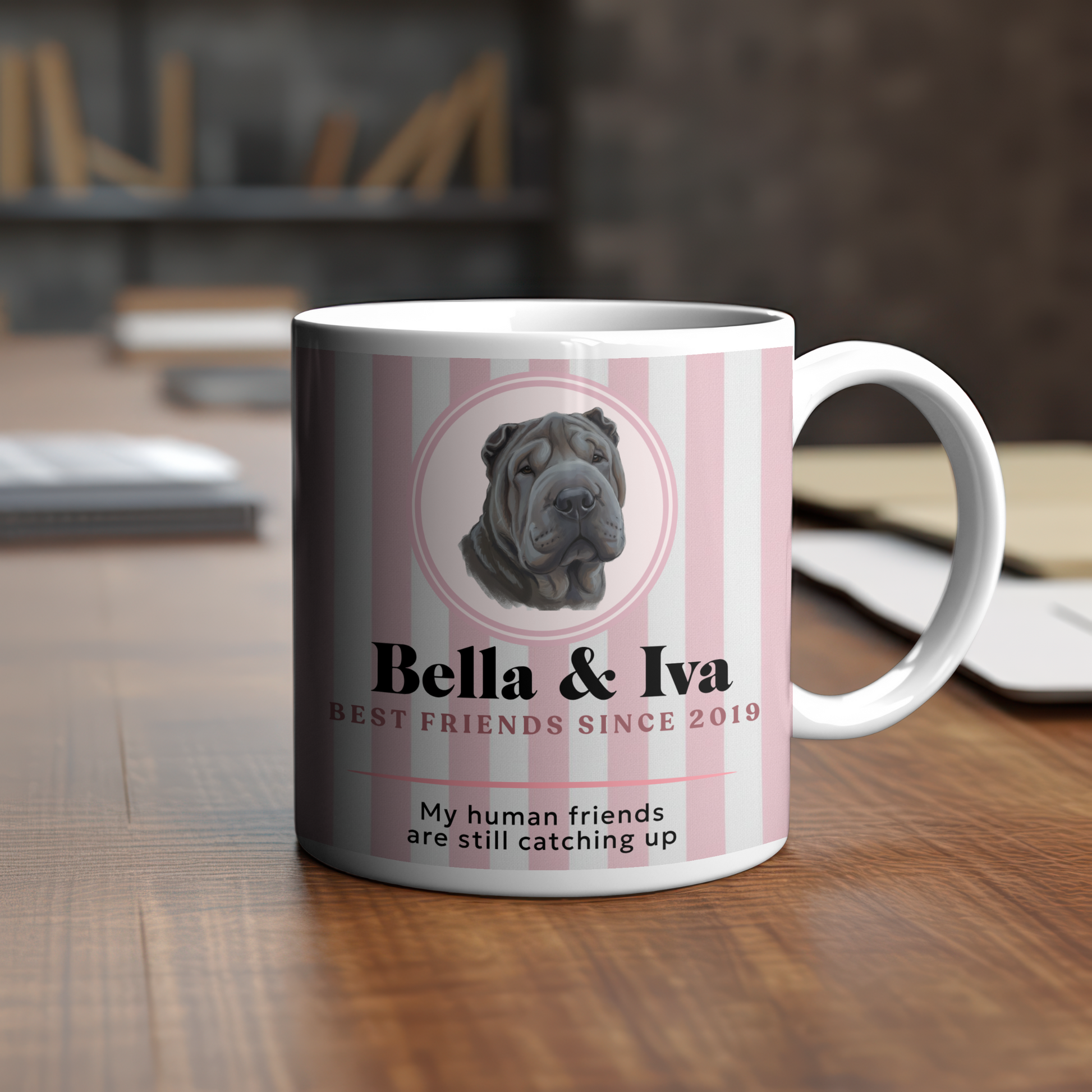 Personalised best friend mug with pink stripes and Shar Pei dog photo - flowers background