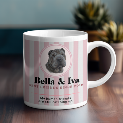 Personalised best friend mug with blue stripes held in hand