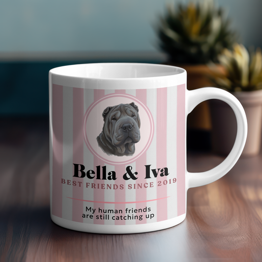 Personalised best friend mug with blue stripes held in hand