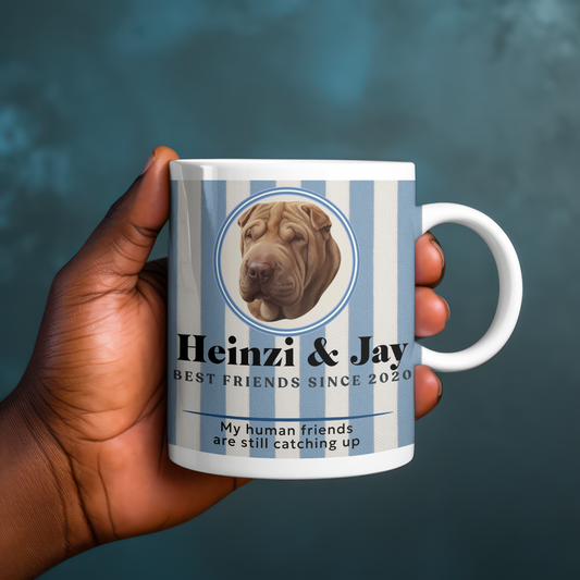 Personalised best friend mug with pink stripes on wooden table