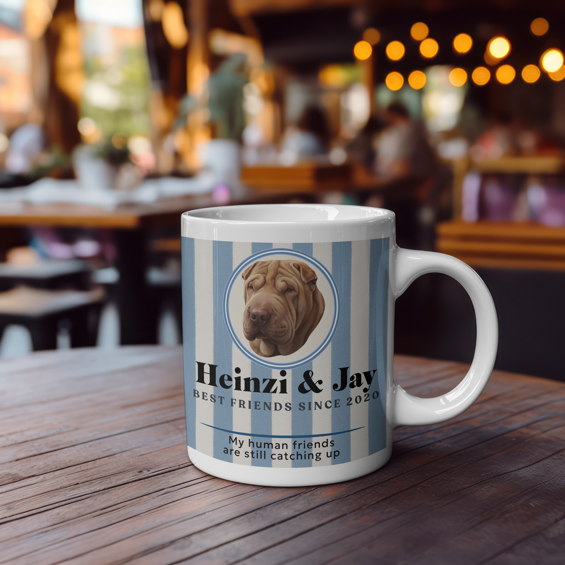 Personalised best friend mug with pink stripes on desk