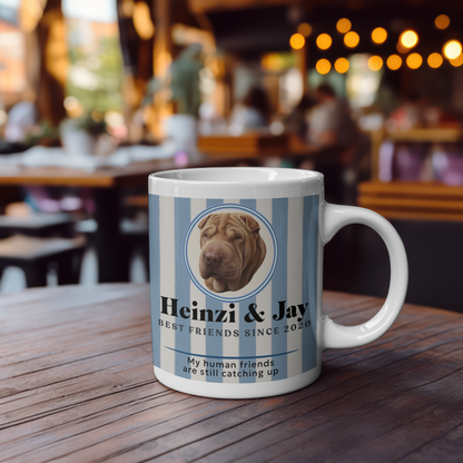 Personalised best friend mug with pink stripes on desk