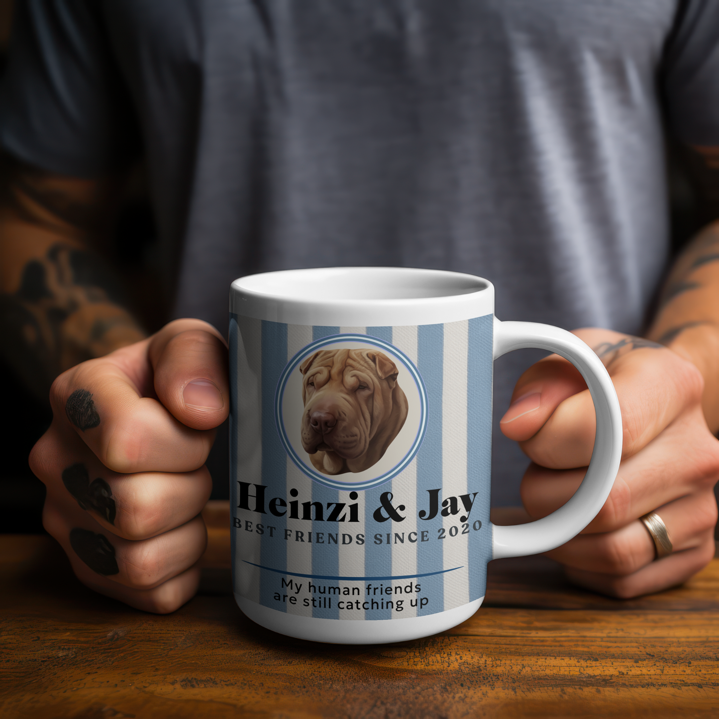 Personalised best friend mug with blue stripes on cafe table