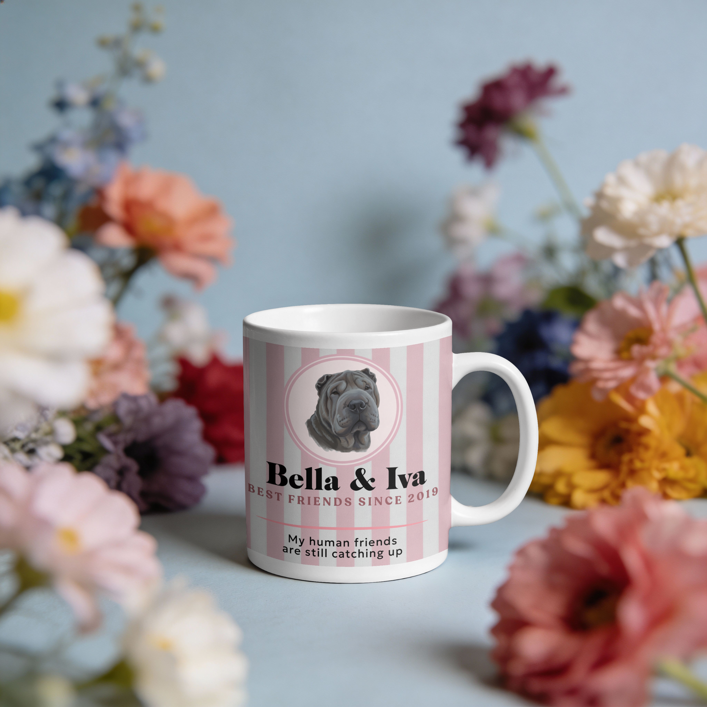 Personalised best friend mug with blue stripes held by two hands