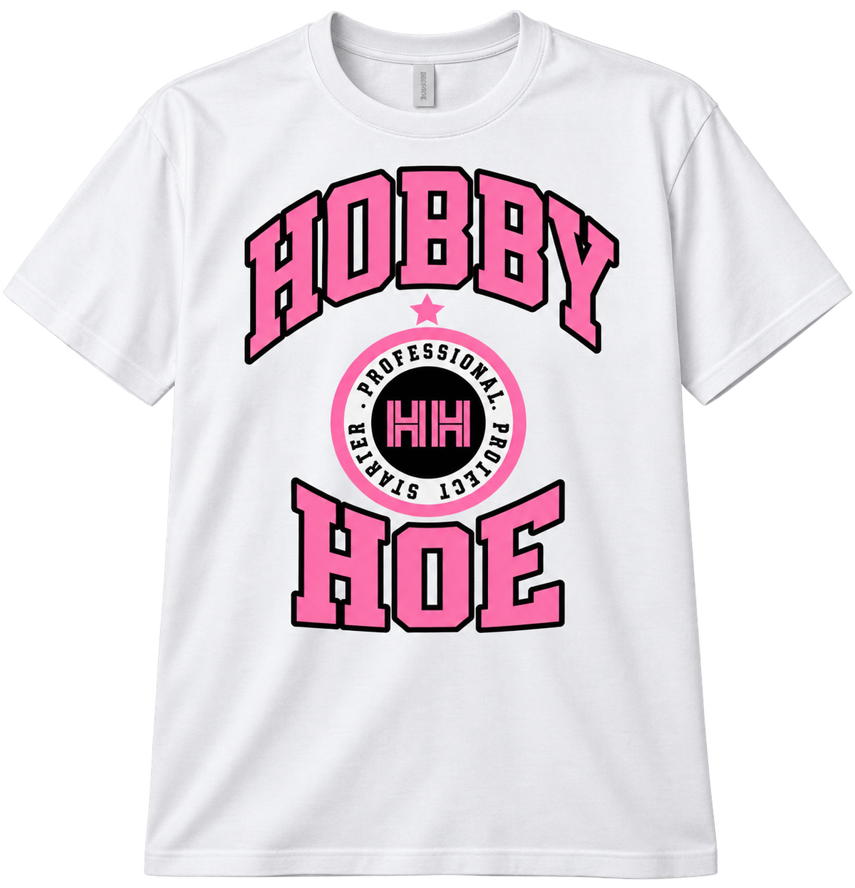 White 100% cotton t-shirt with a bold pink and black Hobby Hoe graphic featuring HTV, holographic and puff vinyl details