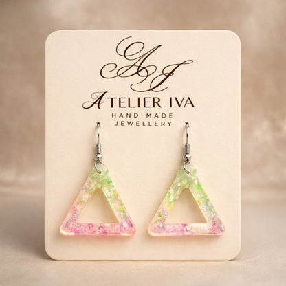 Pink and Yellow Iridescent Glow-in-the-Dark Triangle Earrings - J & I Vision