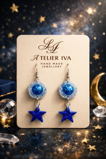 Blue Glitter Star & Circle Resin Earrings – Stainless Steel Hooks - J & I Vision